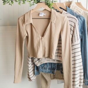 Princess Polly Tan Zip Up Long sleeve Crop Top